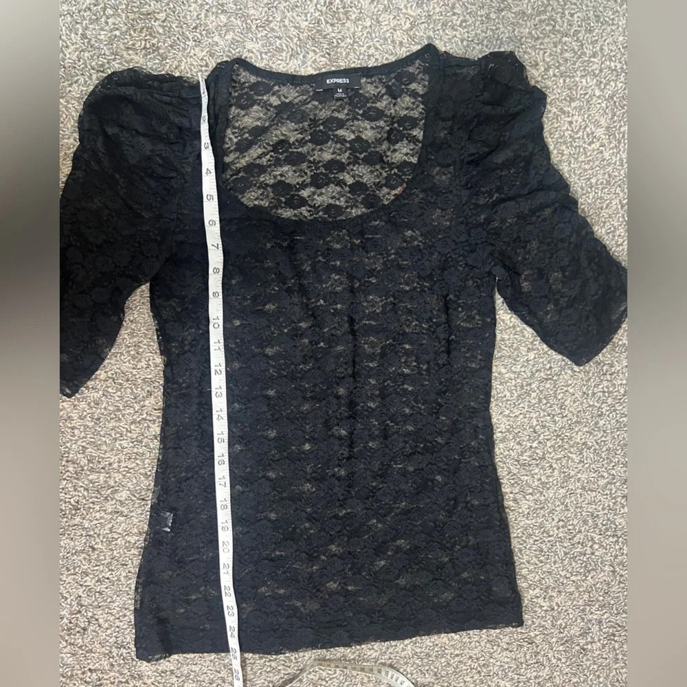 Express Black Lace Cinched Puff Short Sleeves Blouse Top - Picture 7 of 9